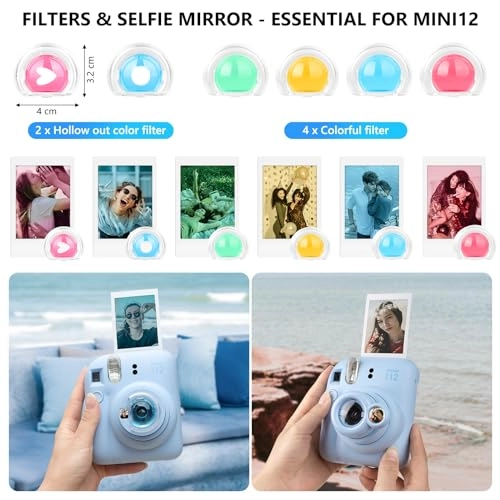 Camera Case - Instax Mini 12 + Photo Album + Photo Frame + Stickers + Lens Filter + Selfie Mirror
