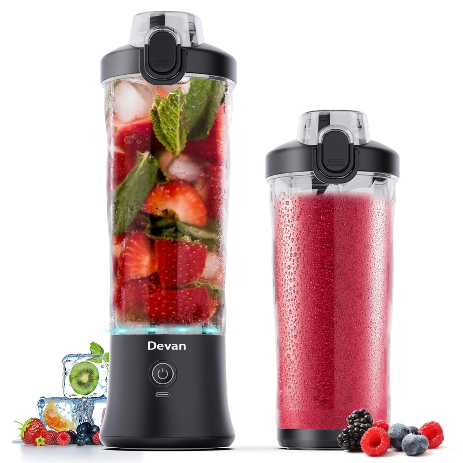 Devan Portable Blender - USB Rechargeable Waterproof BPA-Free Cup Travel Lid Black