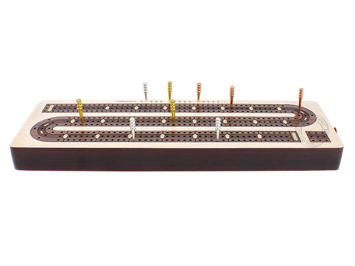 3 Track Continuous Cribbage Board - Inlaid in Rosewood Storage Drawer for Cribbage Pegs
