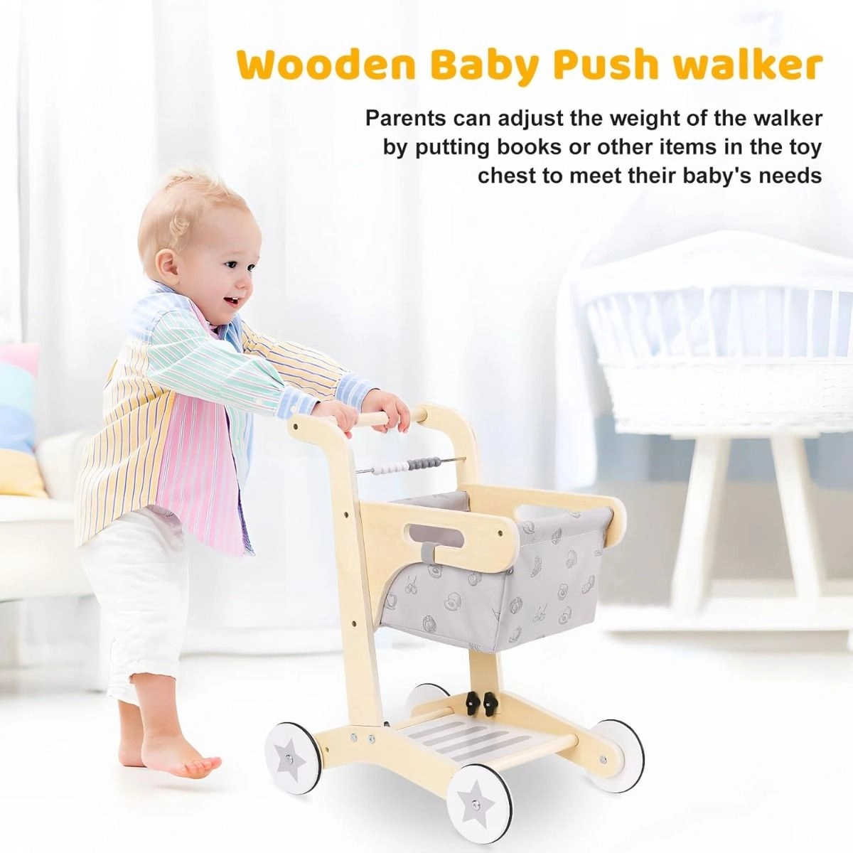 Ella Kids Wooden Shopping Trolley - Washable Cart 38 x 45 x 49 cm