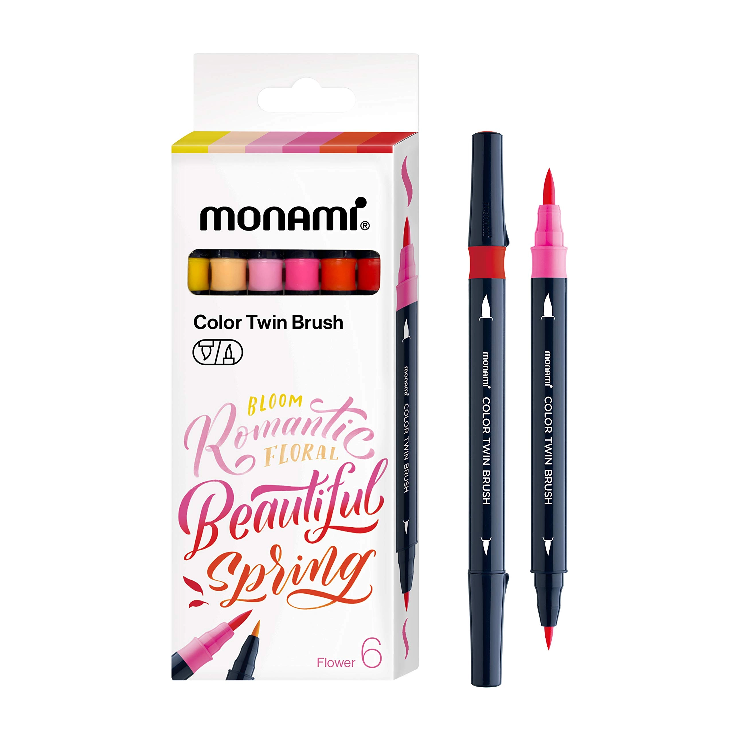 MON AMI Dual Brush Pen - Yellow Pale Orange Baby Pink Pink Orange Red Fine & Medium