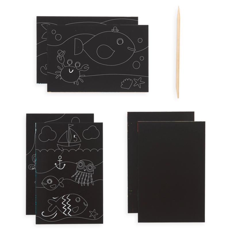 Mini Scratch & Scribble Art Kit - 4 illustrated scratch cards (4 x 6 inches) 2 rainbow DIY blank scratch cards (4 x 6 inches) 1 wooden stylus