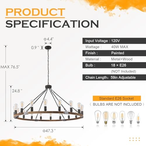 Wagon Wheel Chandelier - 24.8" to 76.5"