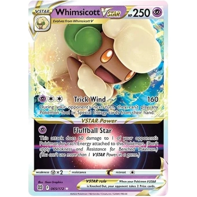 rayihni Pokemon WHIMSICOTT VSTAR 065/172 - Rare VSTAR SWSH Brilliant Stars + Toploader