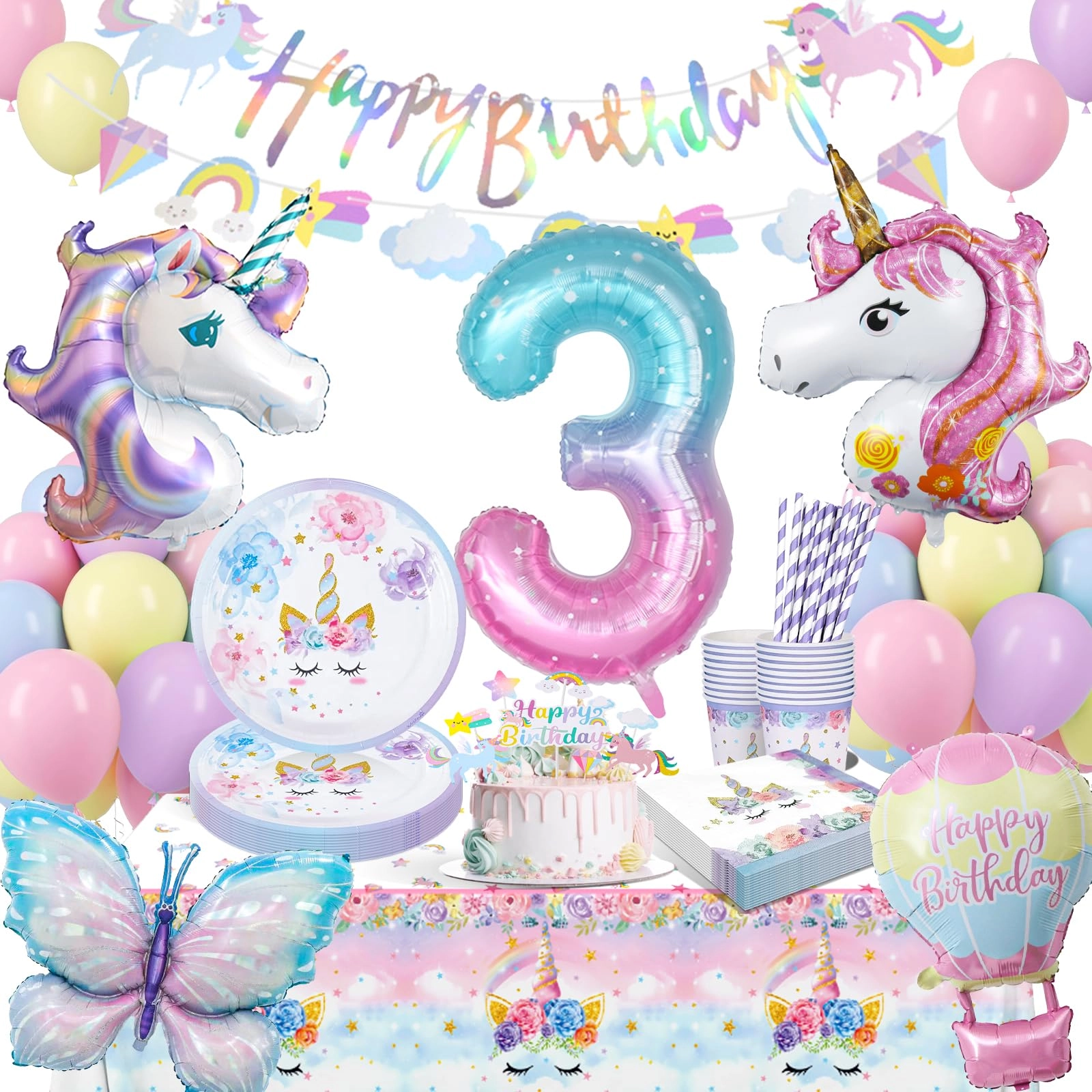 yosiio Unicorn Party Tableware Set - 16 Guests Birthday