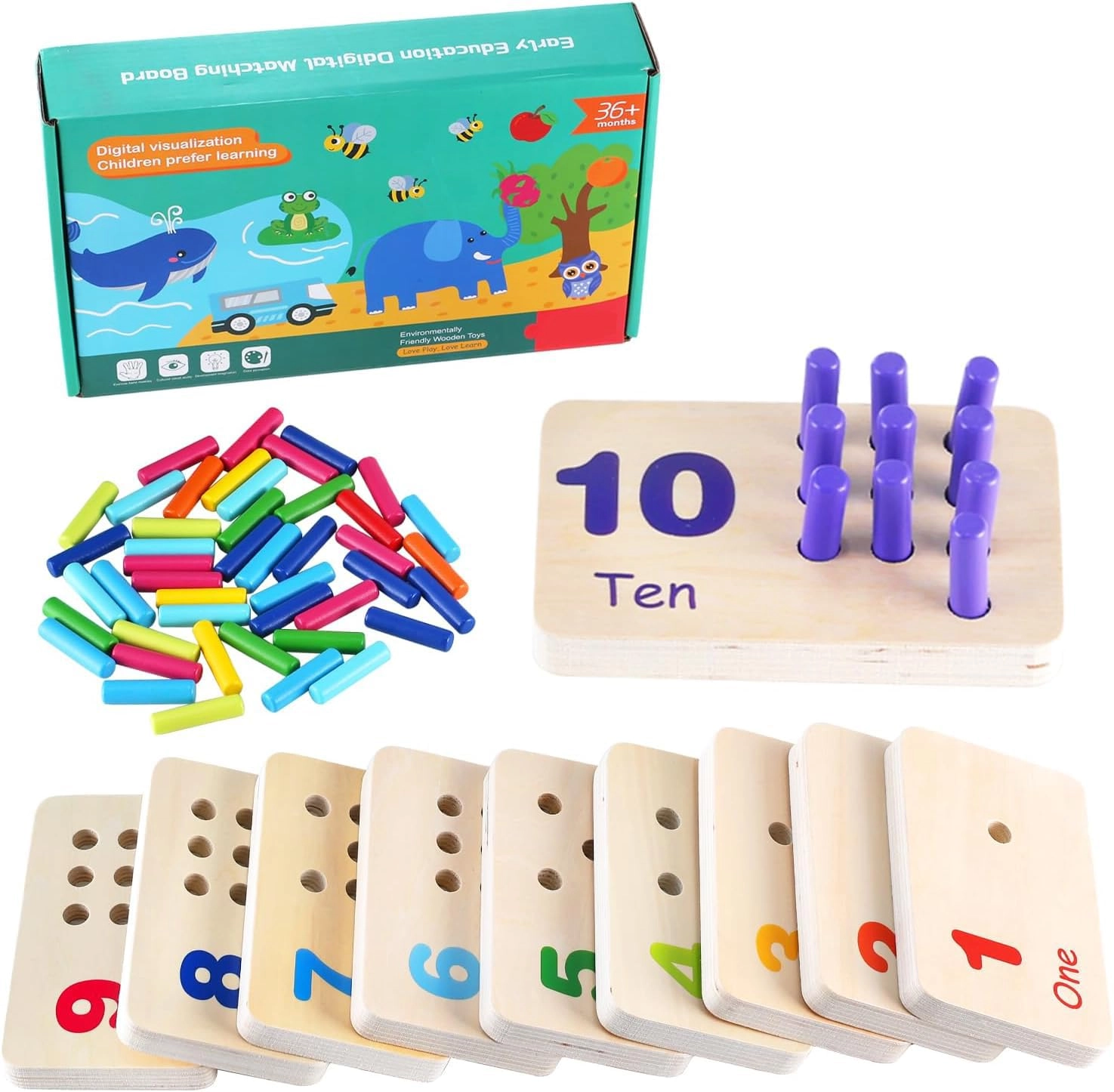 Gserin Wooden Counting Numbers Peg Board - 3 4 5 6 7 55 pieces