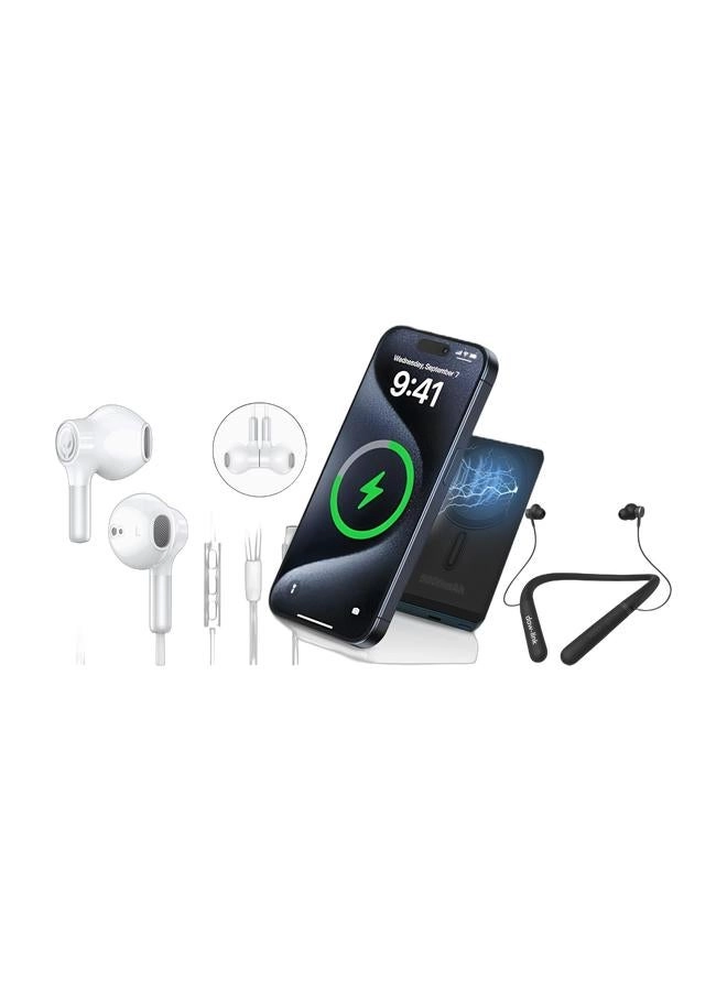 DAW-LINK Wired Lightning Earphones + MagSafe Wireless Power Bank - 5 000mAh + Bluetooth Neckband Headphones - Bluetooth 5.2