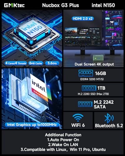 G3 Plus - M.2. 2 88 PCIe SSD NVME (Max. 2TB) and M.2 2242 SATA (Max. 2TB) 1TB 16GB Intel Single Lake N150