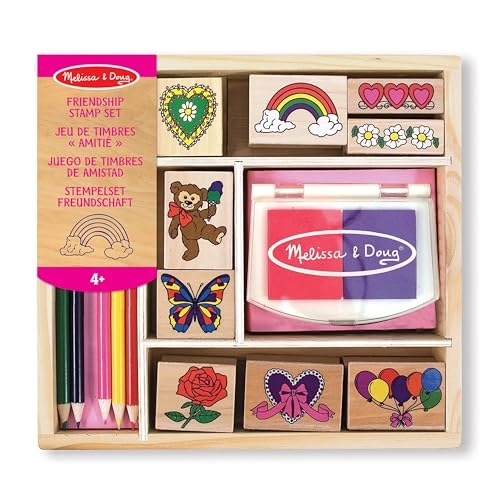 Friendship Stamp Set - 15 piece(s) 9 colourful themed kids stamps, 2 ink pads for stamping 5 coloured pencils, sturdy wooden tray
