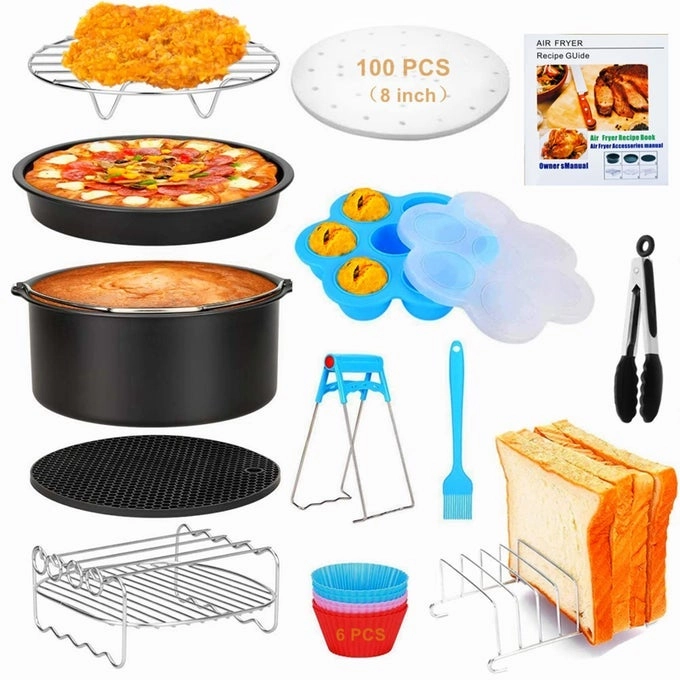 Cake Barrel + Pizza Pan + Metal Holder + Skewers Rack + Toast Rack + Silicone Mat + Silicone Egg Bites + Kitchen Plate Gripper + Food Tongs + Air Fryer Recipe Cookbook + Oil Brush + Silicone Muffin + Air Fryer Parchment Liner - BPA free food grade silicone and 304 stainless steel 18 PCS