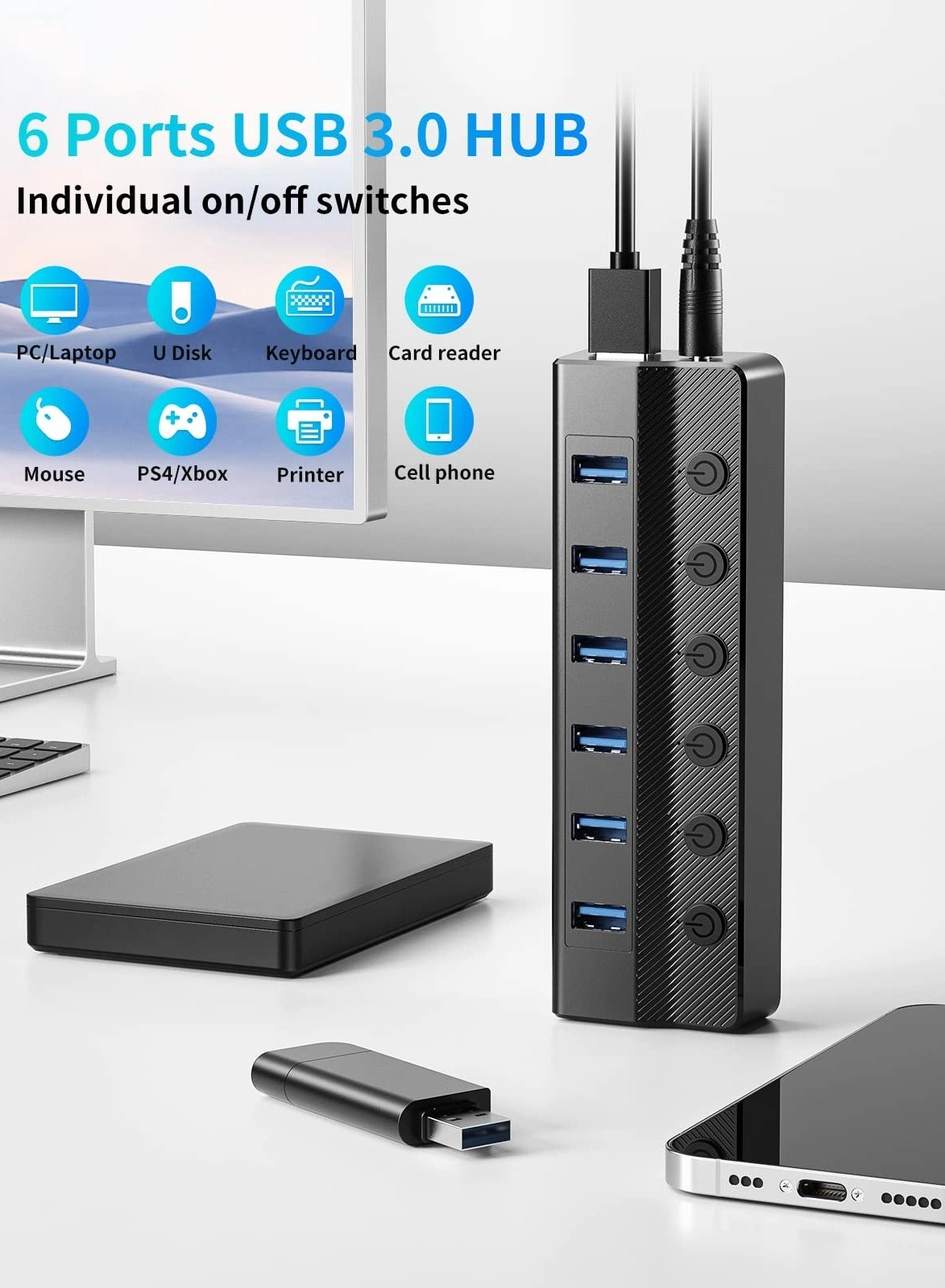 USB 3.0 Hub - 6-Port 5Gbps 3.3ft Cable