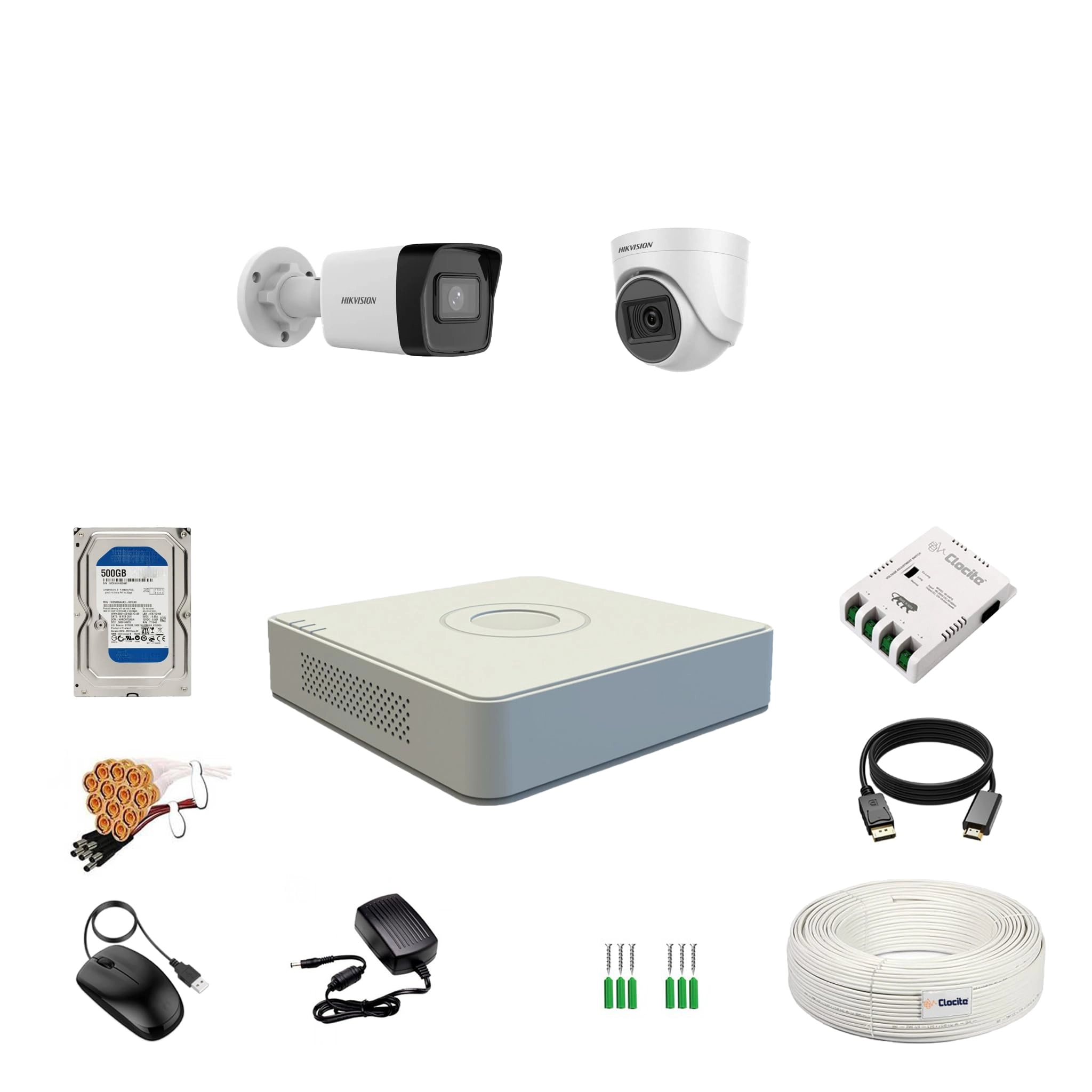 4CH DVR + 5MP Dome Camera + Bullet Camera + 500GB HDD + Cable Roll + 4CH Power Supply + BNC & DC Connectors