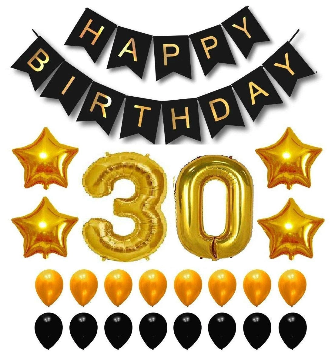 Happy Birthday Banner + Foil Balloon + Latex Balloons - 23-Pieces 30th Birthday
