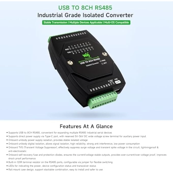 USB TO RS485 CONVERTER - 8 CHANNEL ISOLATED USB C POWER SUPPLY