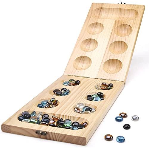 Mancala - Wooden Folding 728 Bonus Multi Color Glass Stones