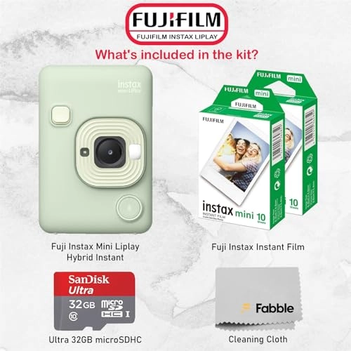 INSTAX Mini LiPlay - Hybrid Instant Camera + INSTAX Mini Twin Film Pack - 20 Sheets + 32GB microSD Card + USB Charging Cable + Hand Strap + Camera and Lens Cleaning Cloth - Grey