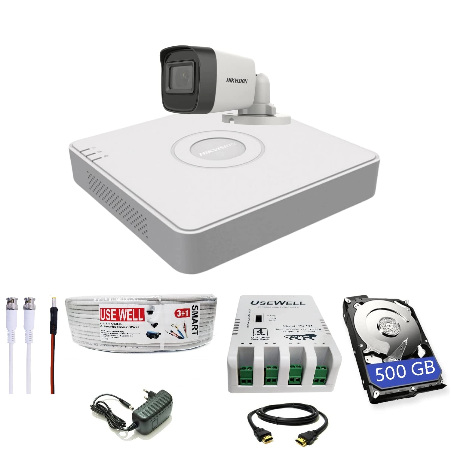 4 Channel DVR + 5 MP 1 Dome & 1 Bullet Cameras + 500 GB HDD + 3+1 Cable roll + 4 CH Power Supply + BNC & DC Full Combo Kit