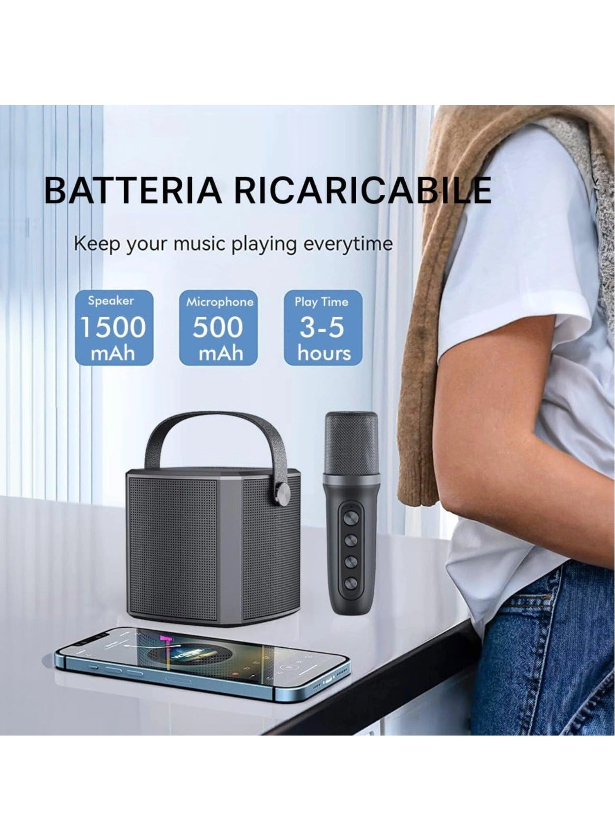 Portable Bluetooth Karaoke Speaker - Rechargeable wireless microphone Type-C charging TF Card support