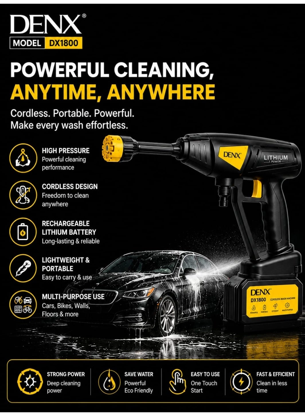 Denx High Pressure Electric Washer - Cordless 180W