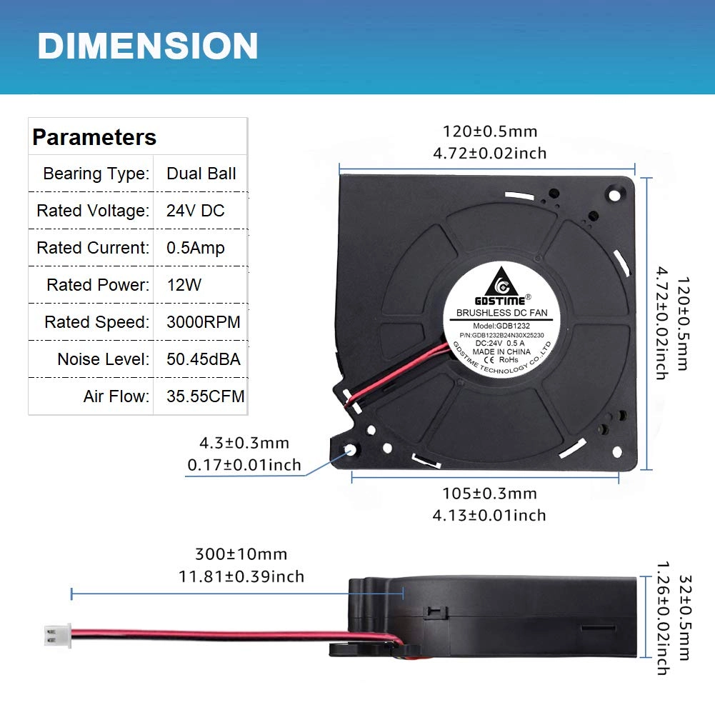 Brushless Radial Blower Fan - High Speed 24V DC 120mm x120mm x 32mm