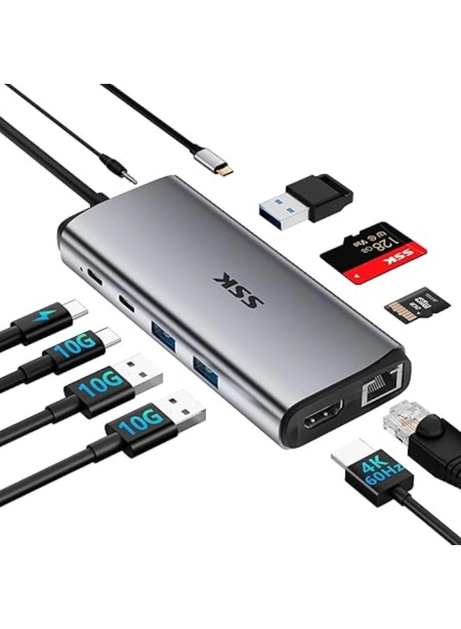 SSK USB C Hub - 10Gbps 4K60Hz 100W PD