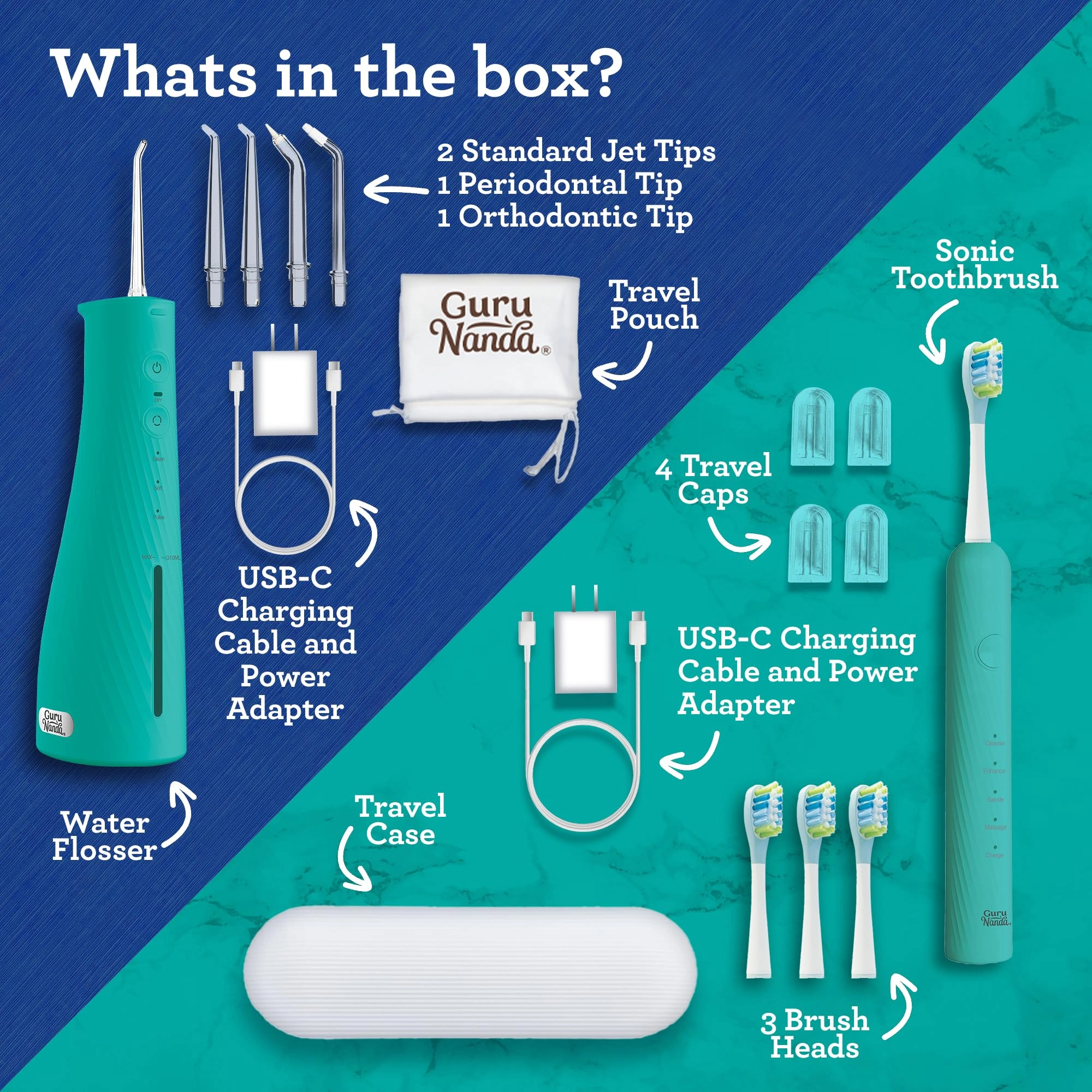 Lion & Lamb Kit 2.0 - 4 Brush Heads Lavender + Water Flosser - 4 Jet Tips IPX7 Waterproof