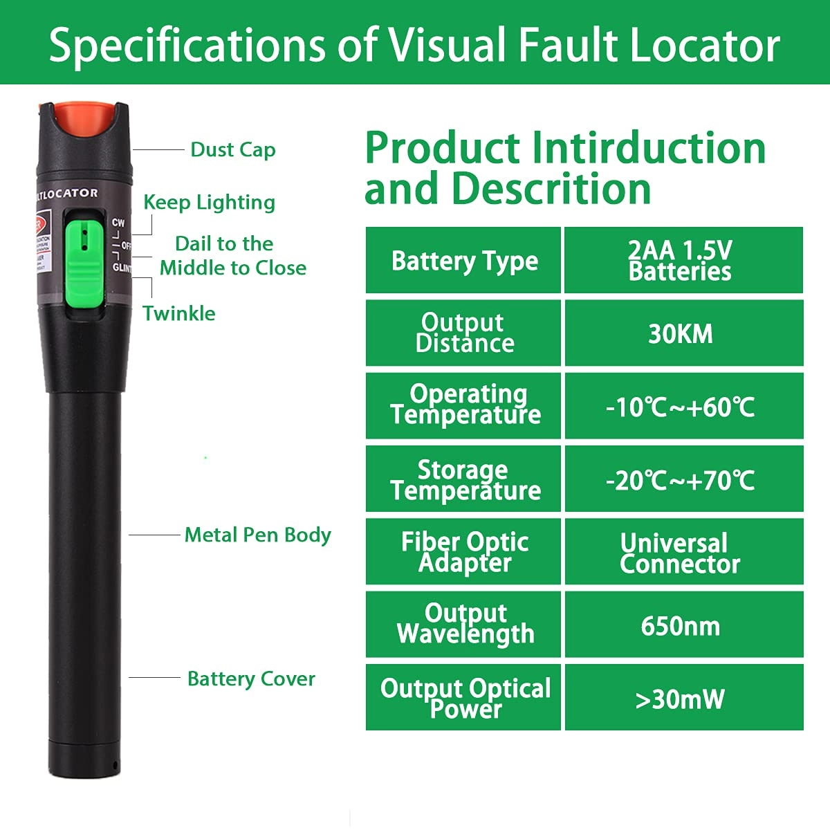 Visual Fault Locator - 30mW 30KM + FC/LC Connector Kit - FC Male to LC Female Adapter