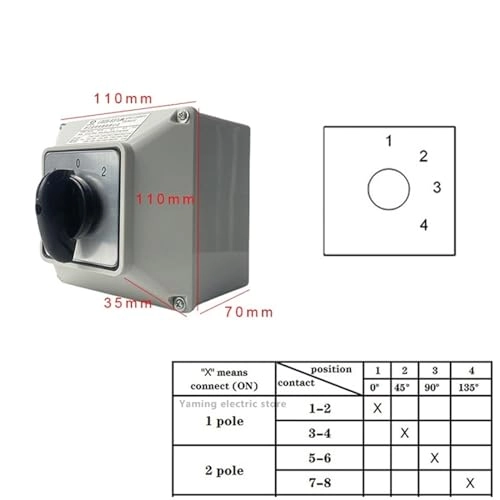 Changeover Cam Hands Rotary Switch - 63A 2 Pole 8 Terminals IP65