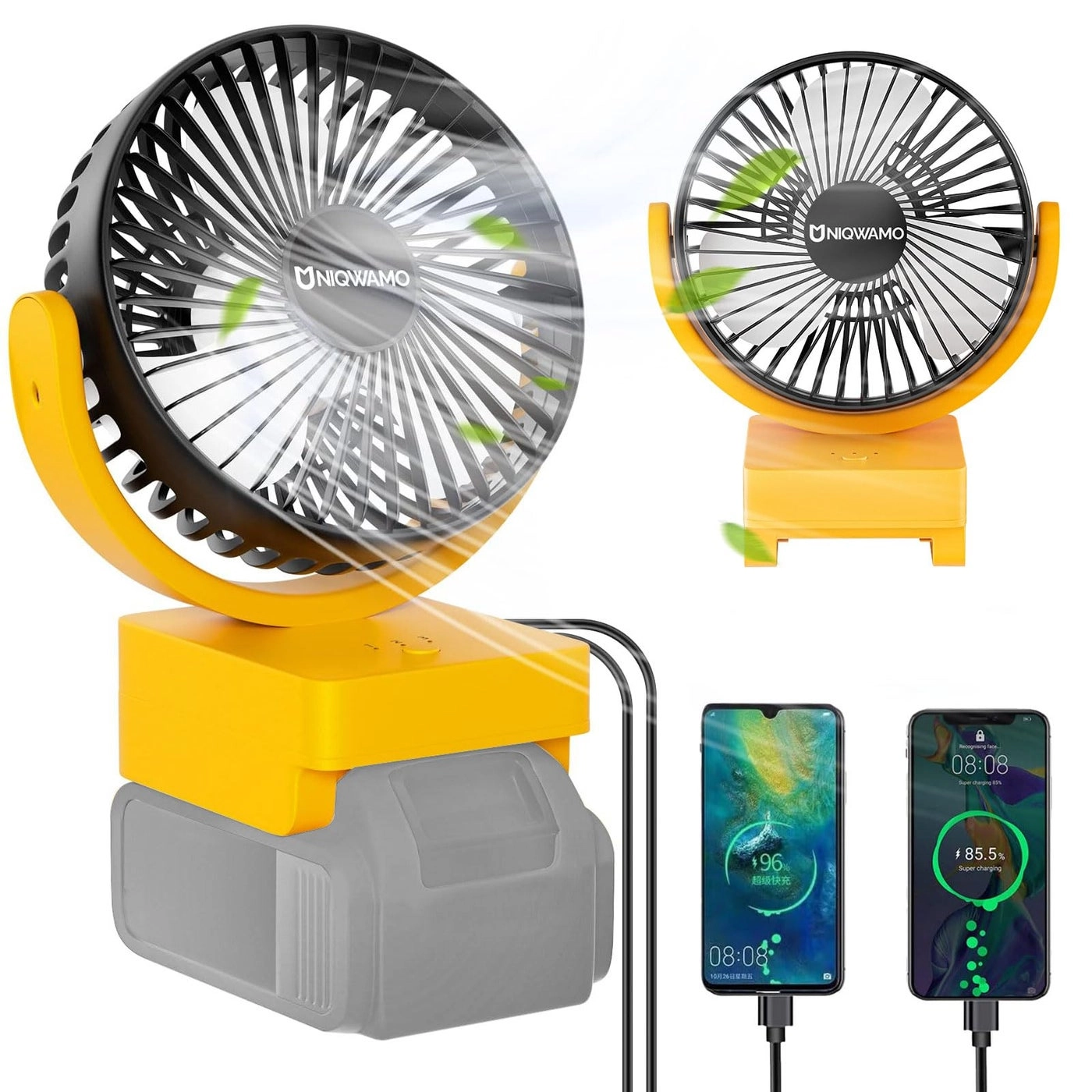 Uniqwamo Jobsite Battery Operated Fan - Compatible For Dewalt 20V60V Max 3 Speeds Control USB Type C