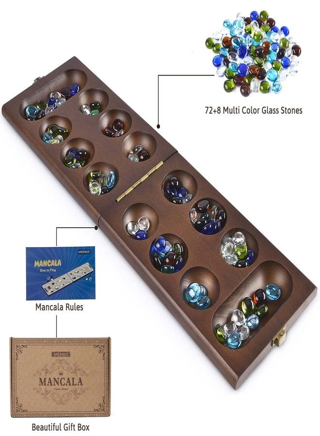 Mancala - Wooden Folding 728 Bonus Multi Color Glass Stones