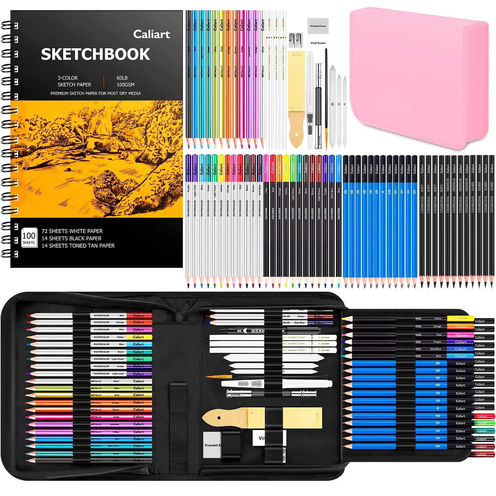 caliart Art Supplies Sketching Kit - 176PCS Graphite Colored Charcoal Watercolor & Metallic Pencils