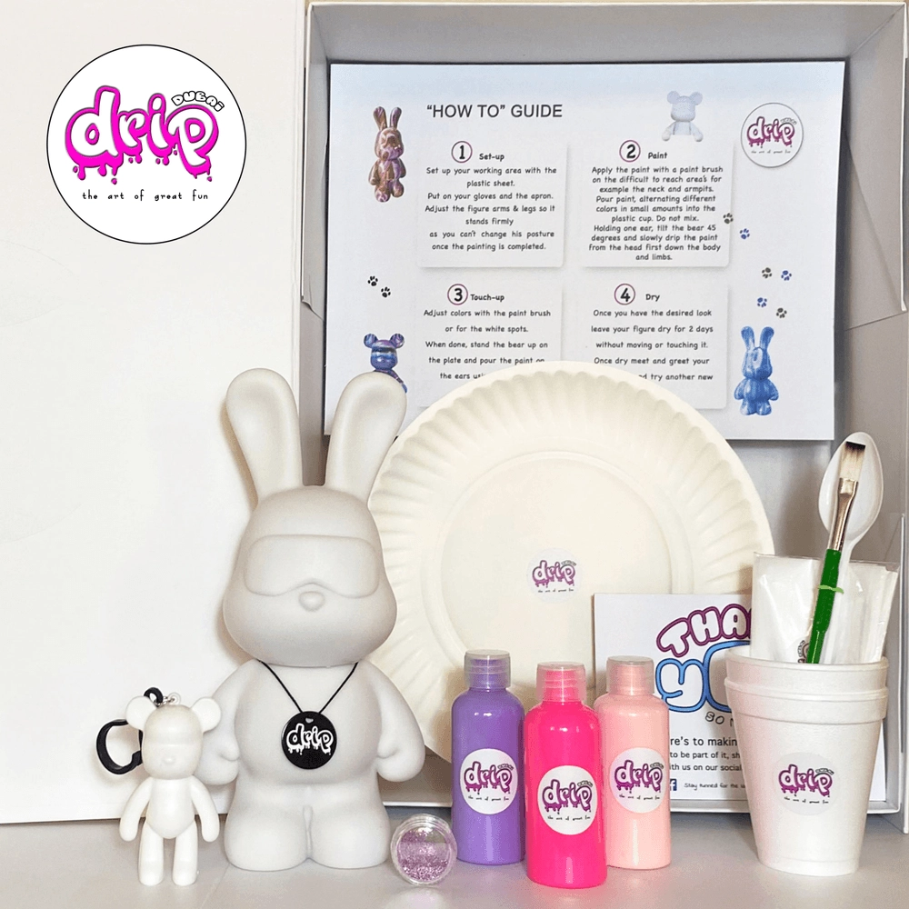 DIY Bunny Fluid Acrylic Pouring Paint Kit - 5 acrylic paints 2 oz/60 ml each; apron; clear cups; plate; gloves; paintbrush; pipette; spoon; table sheet