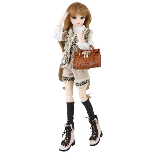 BJD Doll - Brown Curly Fringe Hair Beige Vest Set 22 Joints Ages 15+