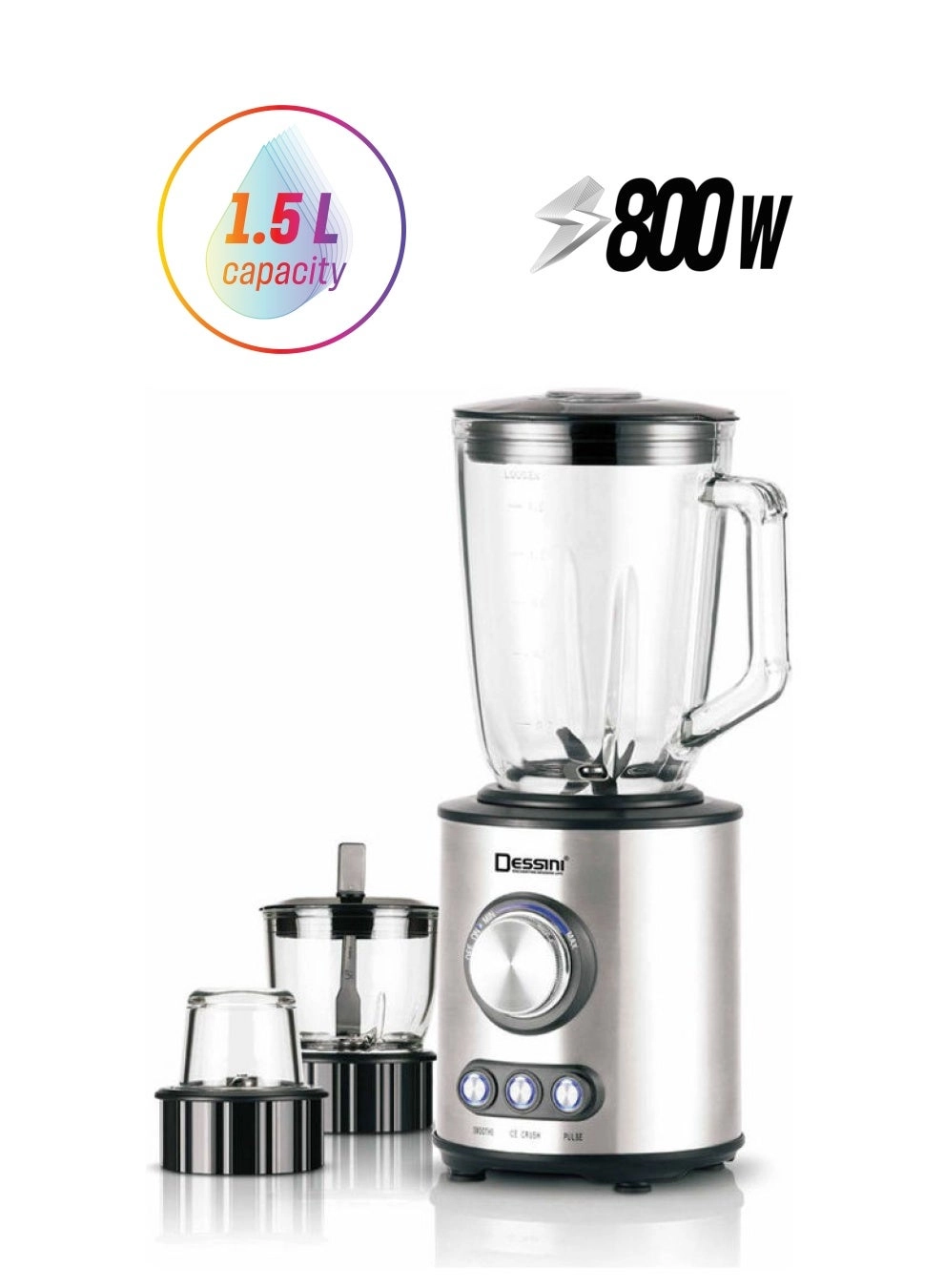 DESSINI KD8282 - Stainless steel body, glass chopper & grinder, smoothie ice-crush pulse functions