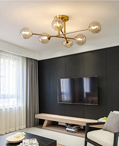 6 Light Gold Amber Glass Chandelier - Warm White