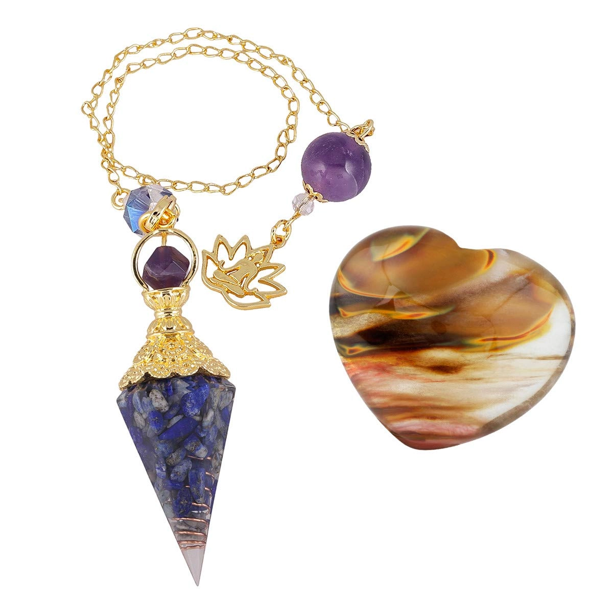 rockcloud Crystal Point Pendulum - Lapis Lazuri + Volcano Cherry Quartz Heart Worry Stone - Cherry Quartz