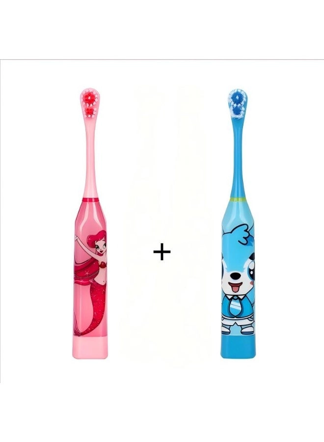 Children Automatic Ultrasonic Waterproof Electric Toothbrush - Bule + Children Automatic Ultrasonic Waterproof Electric Toothbrush - Pink + Brush Heads - 1 Brush Heads Extra