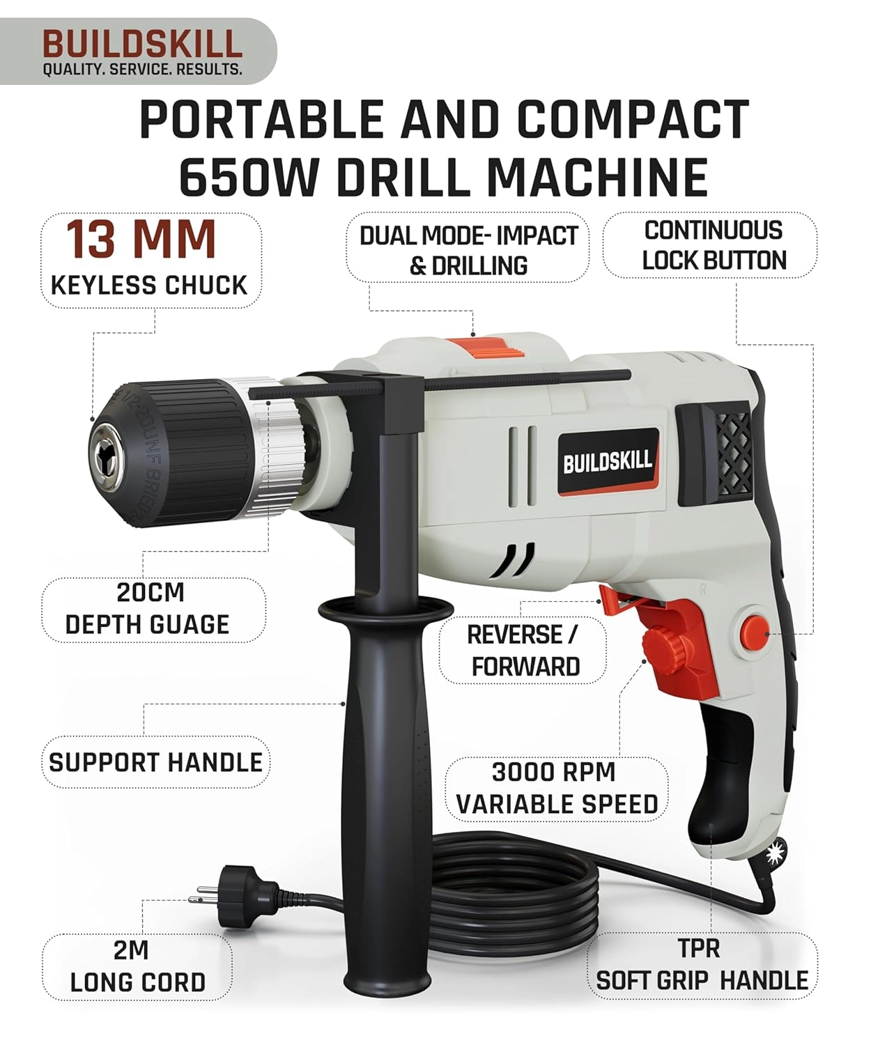 Impact drill - 650W 13mm keyless chuck 3000 RPM