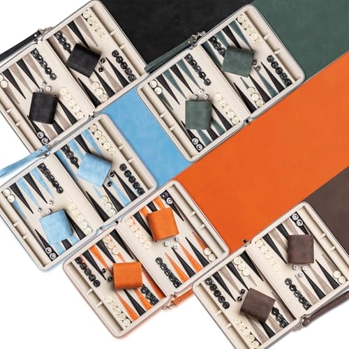 Backgammon Set - Foldable Leather Backgammon Case 30 Artificial Horn Checkers