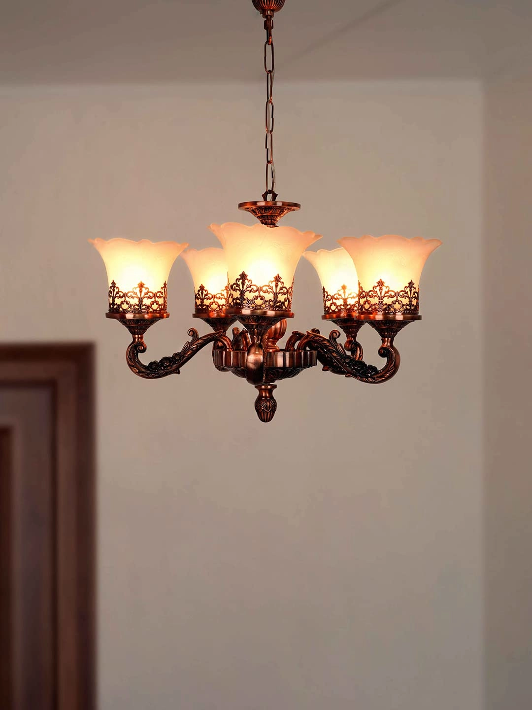 Fos Lighting 5-Lights Aluminium Chandelier - Antique Copper Glass Shades