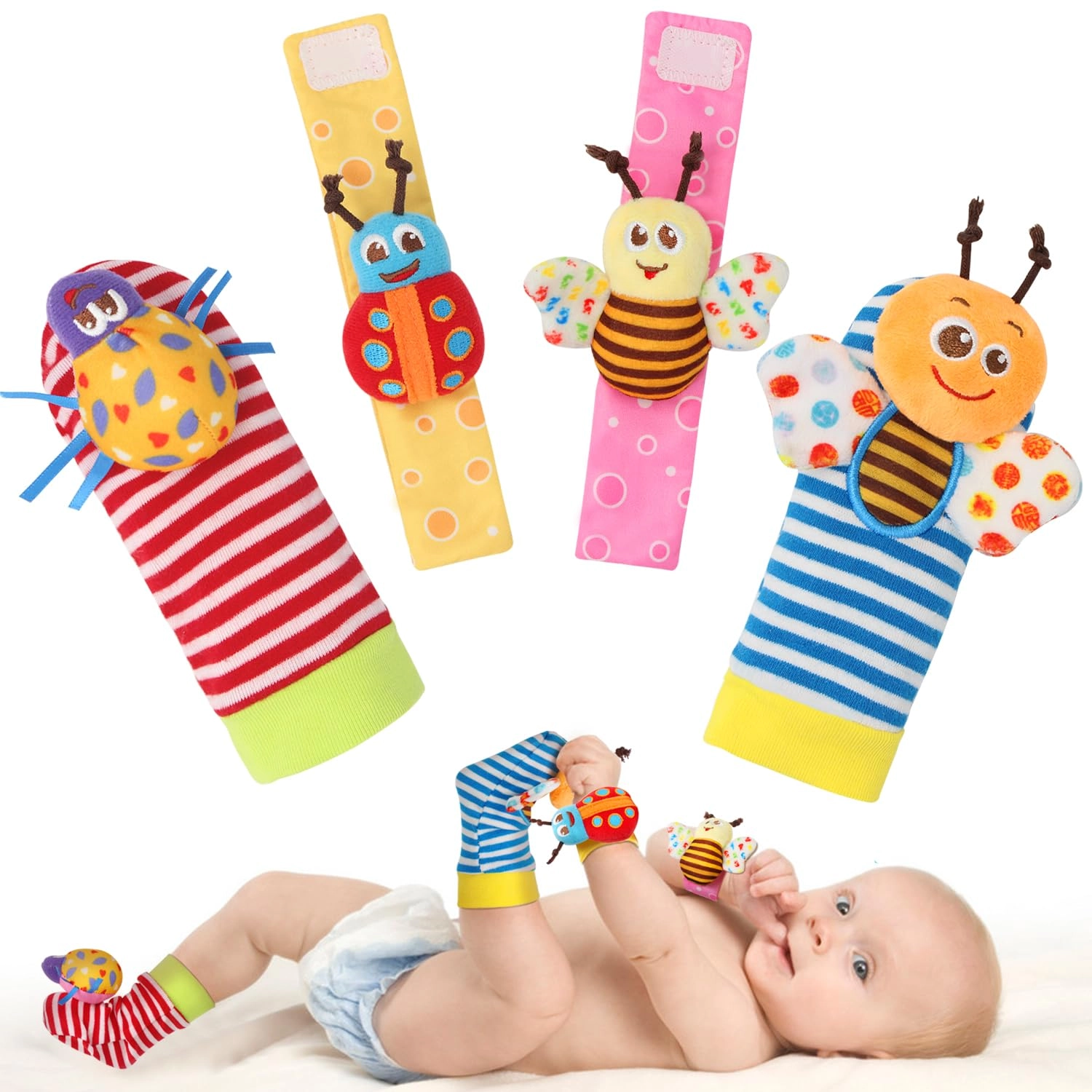 Wrist Rattle Socks and Foot Finder Set - 0-36 Months Fabric Bugs Cartoon Images 1.0 Count