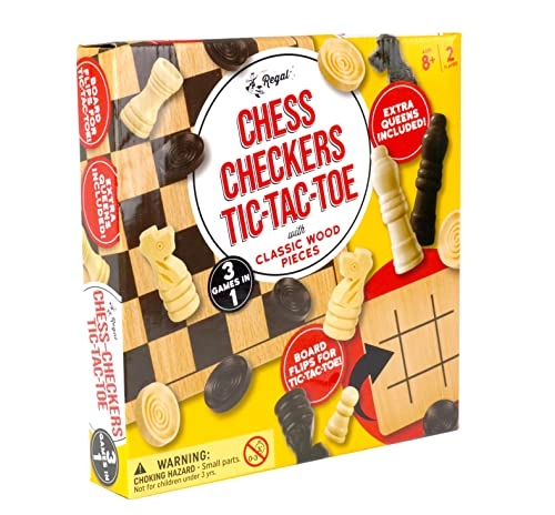 Reversible Wooden Board - Chess Checkers Tic-Tac-Toe