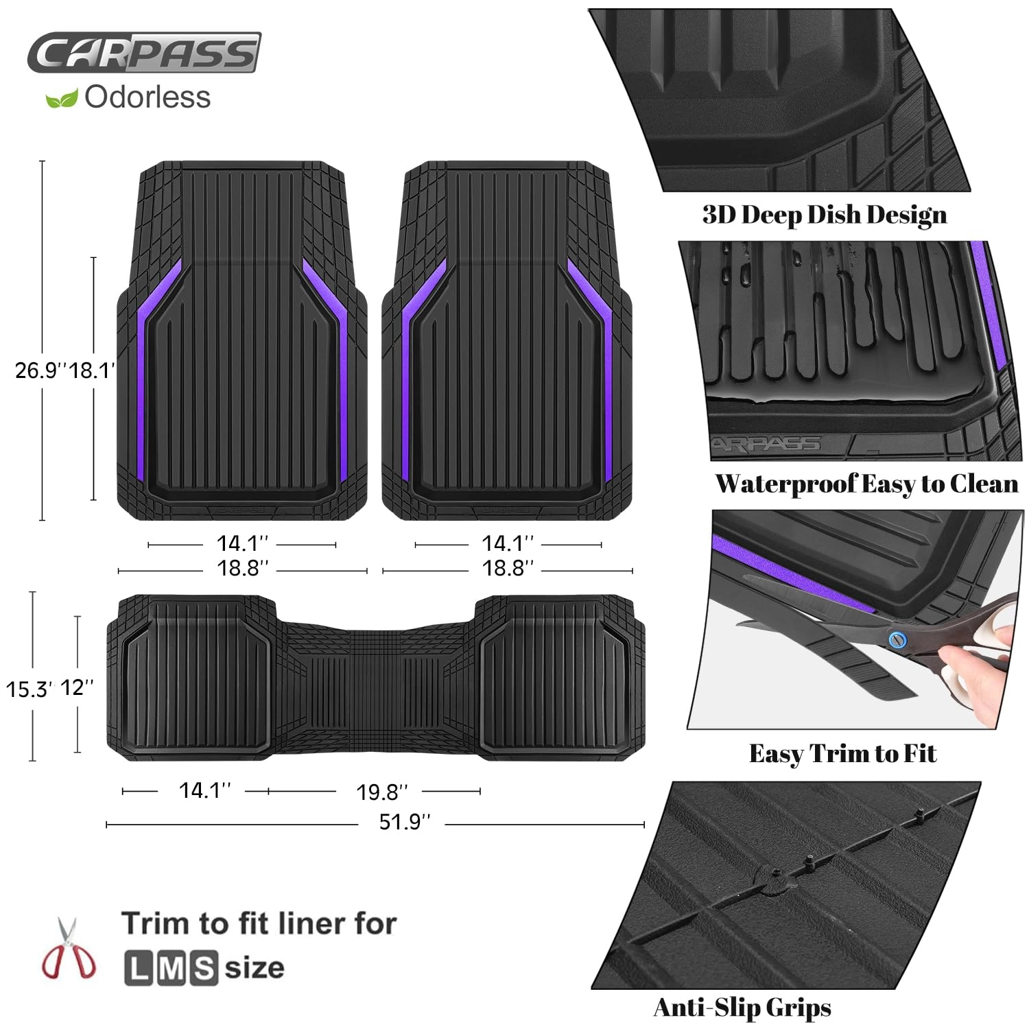 Heavy Duty Rubber Floor Mats - Universal Fit 3pcs Black Purple