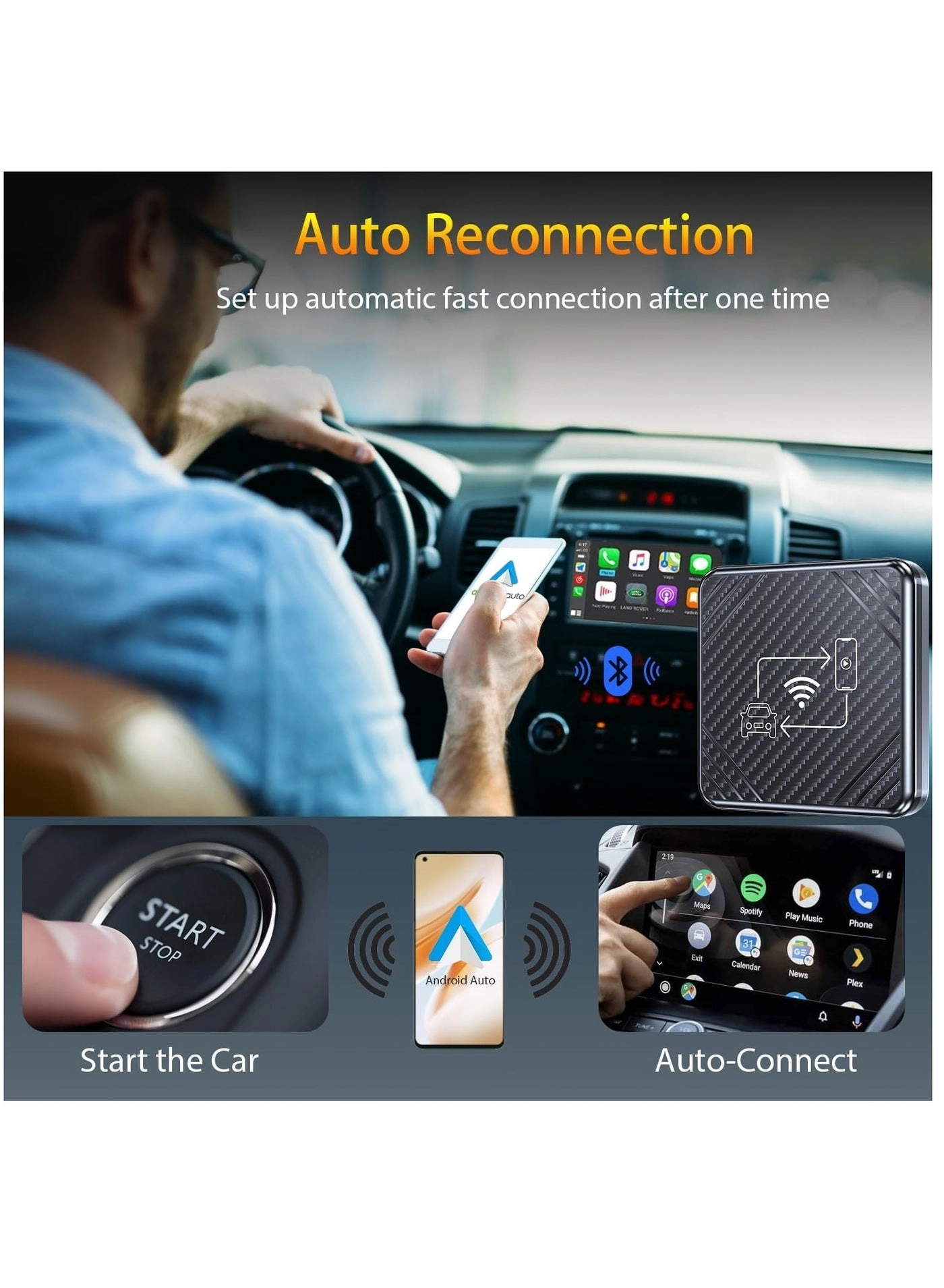 Wireless Carplay Adapter & Android Auto Adapter - 2 in-1 Plug & Play Bluetooth