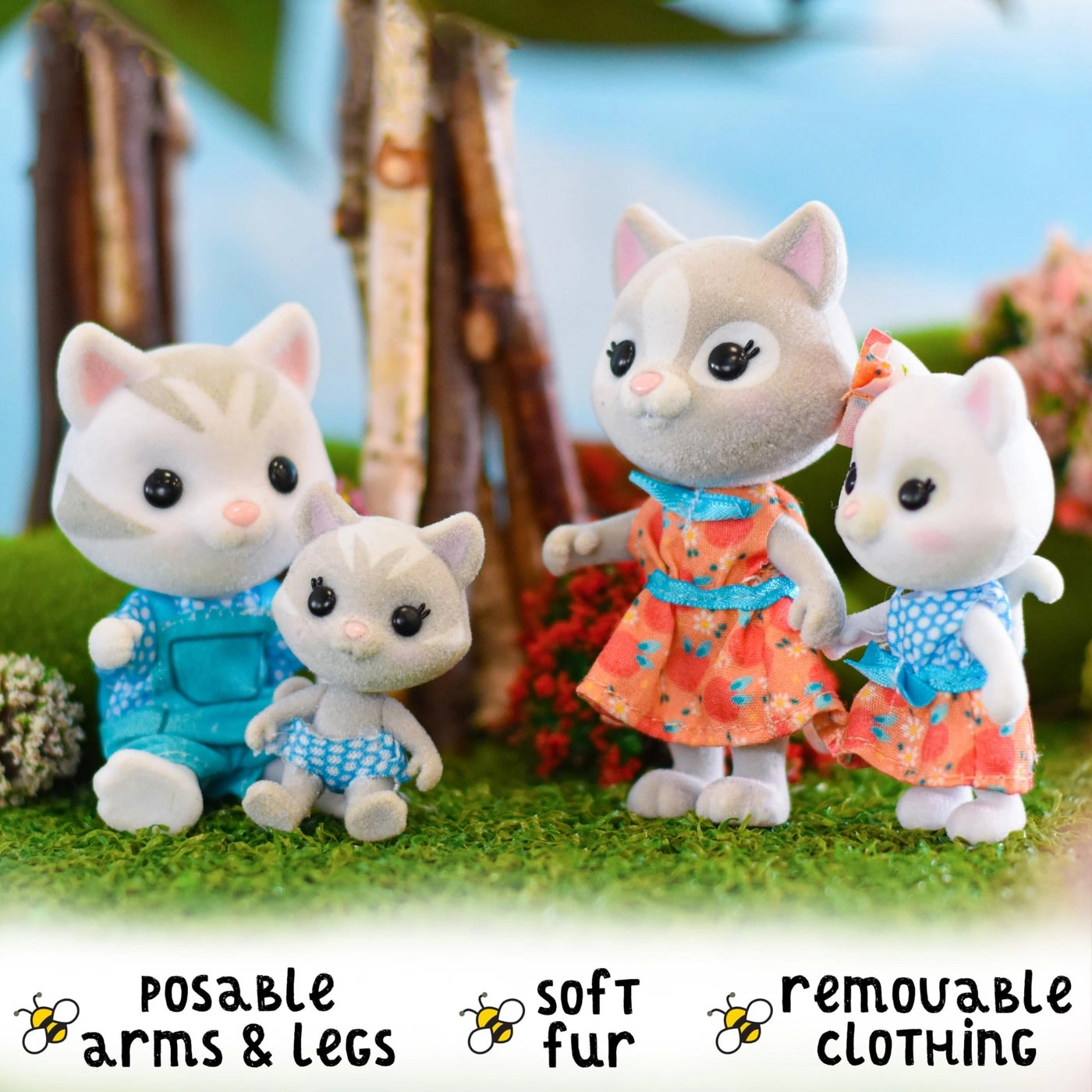 Purringtons Cat Family - 4 Miniature Flocked Dolls Small Collectible Kitten Figures