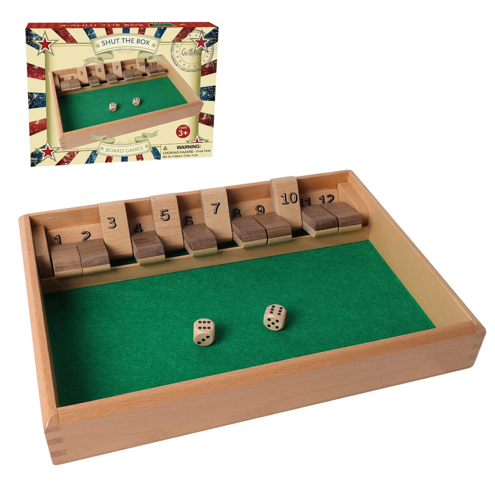 GOTHINK Shut The Box - Wooden 12 Numbers 2 Dice