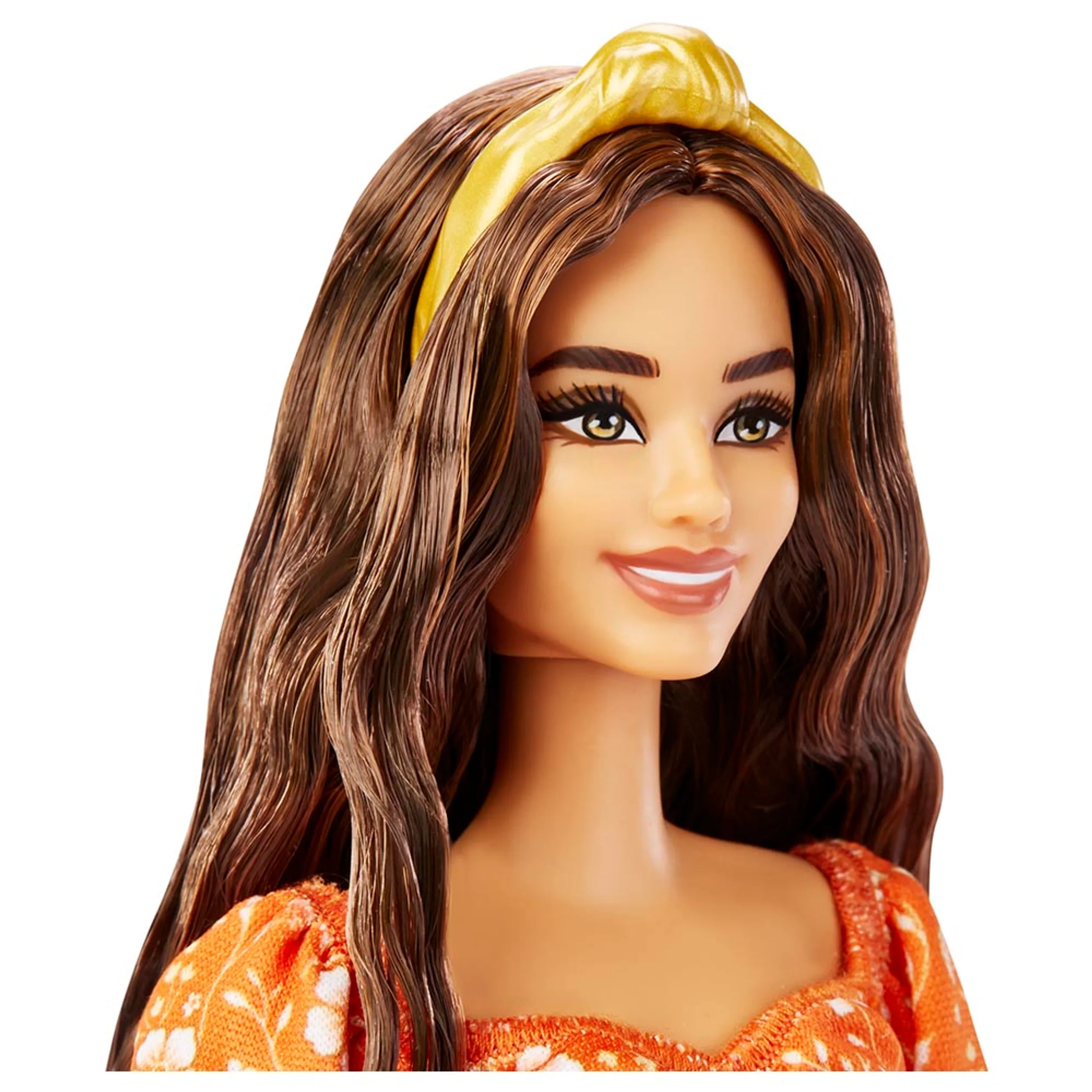 Barbie Fashionistas #160 - Long Brunette Hair Patterned Orange Dress Ages 3+