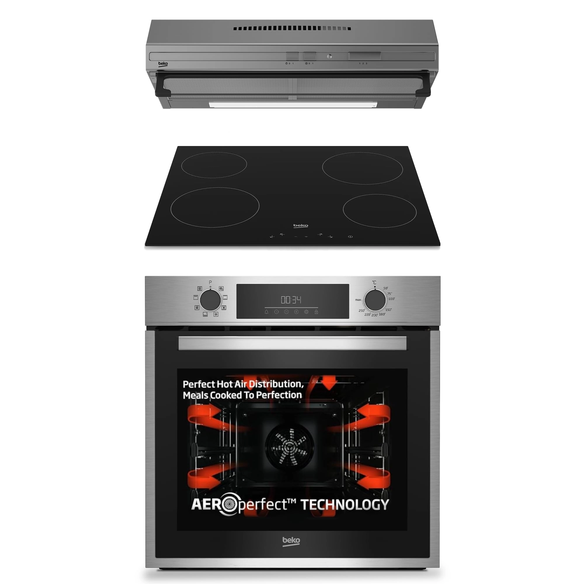 Beko HINW64229B65 - Gas hob + BBIM14300XD - Electric oven + CFB6433XH - Recirculation hood