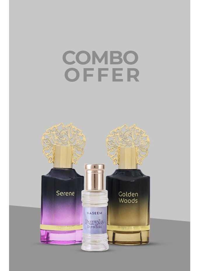 Naseem Golden Woods - Eau de Parfum 55ml + Serene Aqua - Eau de Parfum 55ml + Purple Dream - Roll-On 6ml