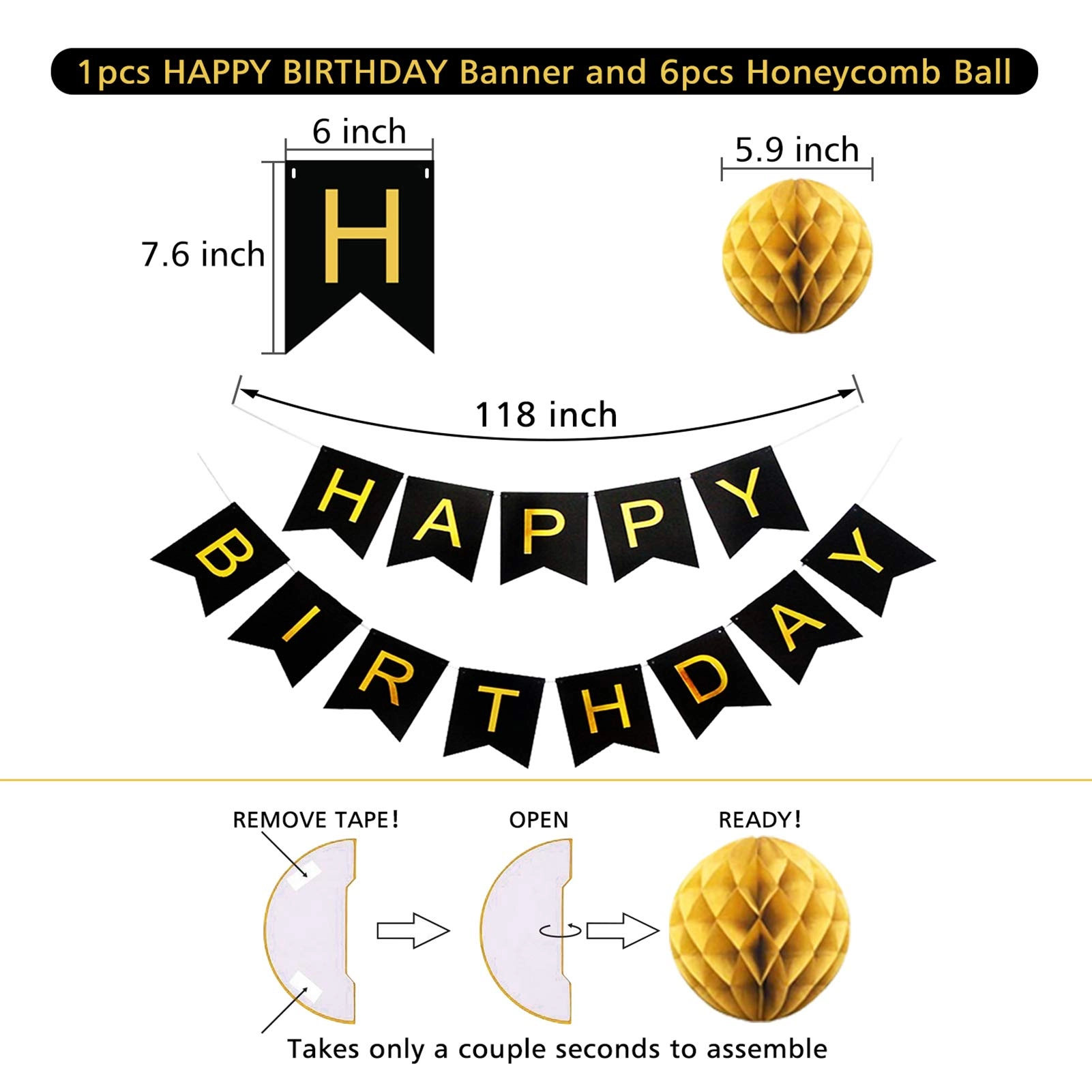 happy birthday banner + paper honeycomb balls + colorful circle paper garland + metallic hanging swirls